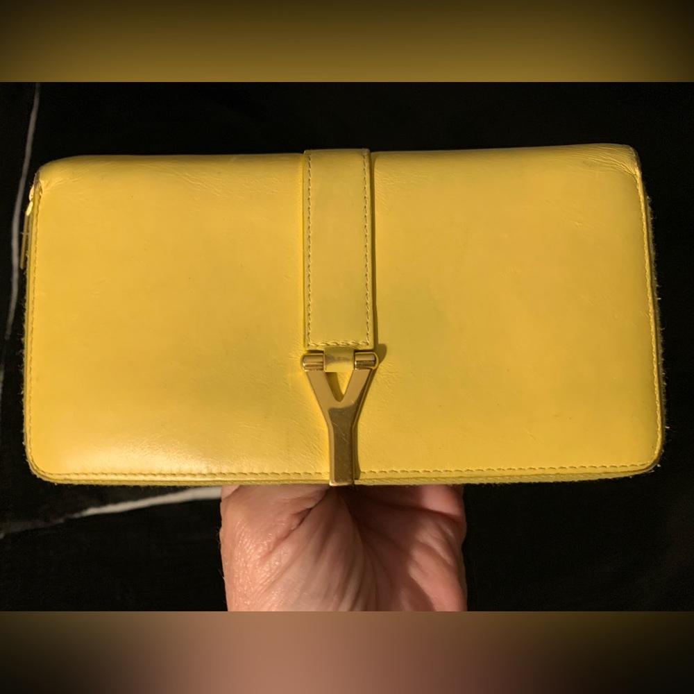 YSL Yves Saint Laurent Yellow Leather Zippy Long Wallet with Y Hardware Logo